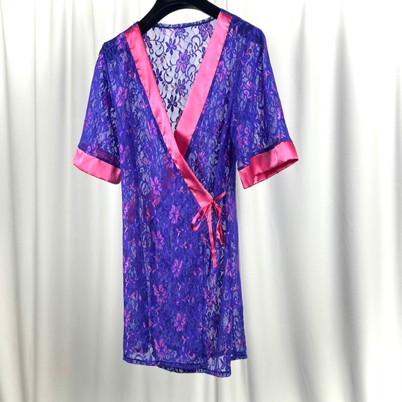 Vintage Purple Lace Wrap Robe Pink Satin Trim 80s Lingerie - Picture 7 of 16